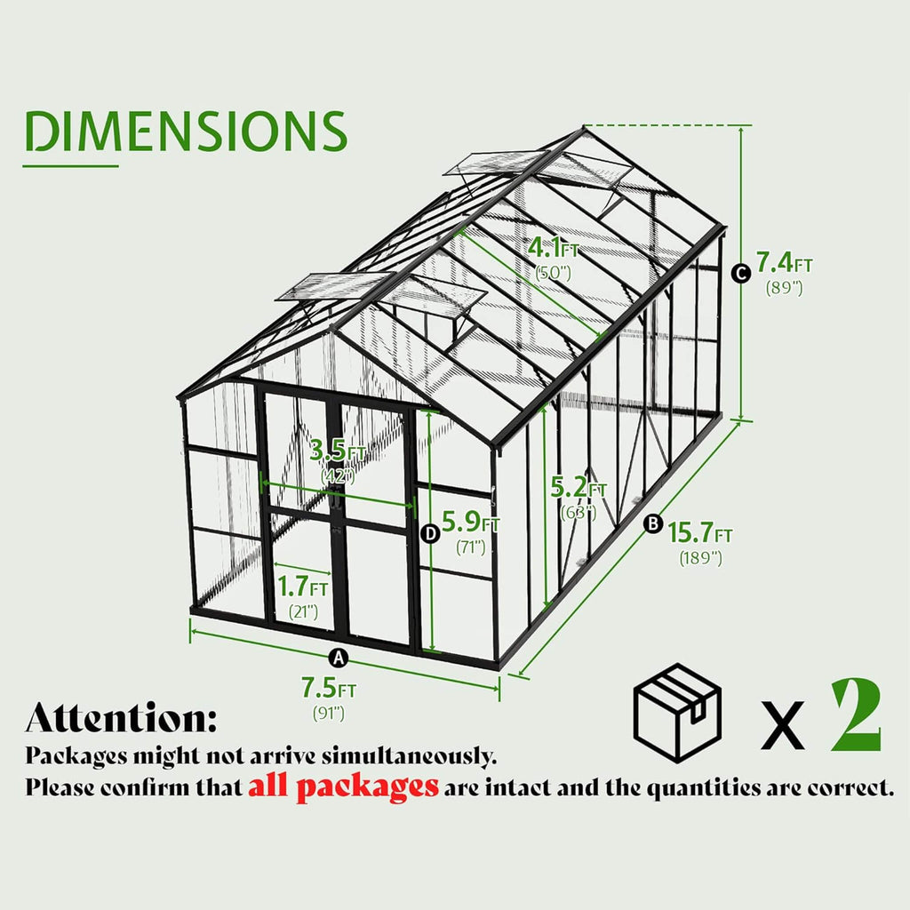 [08X16FT] Premium Polycarbonate Outdoor Walk-In Patio Greenhouse With Double Swing Doors, 4MM