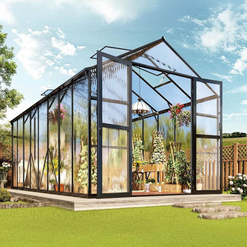[08X16FT] Premium Polycarbonate Outdoor Walk-In Patio Greenhouse With Double Swing Doors, 4MM