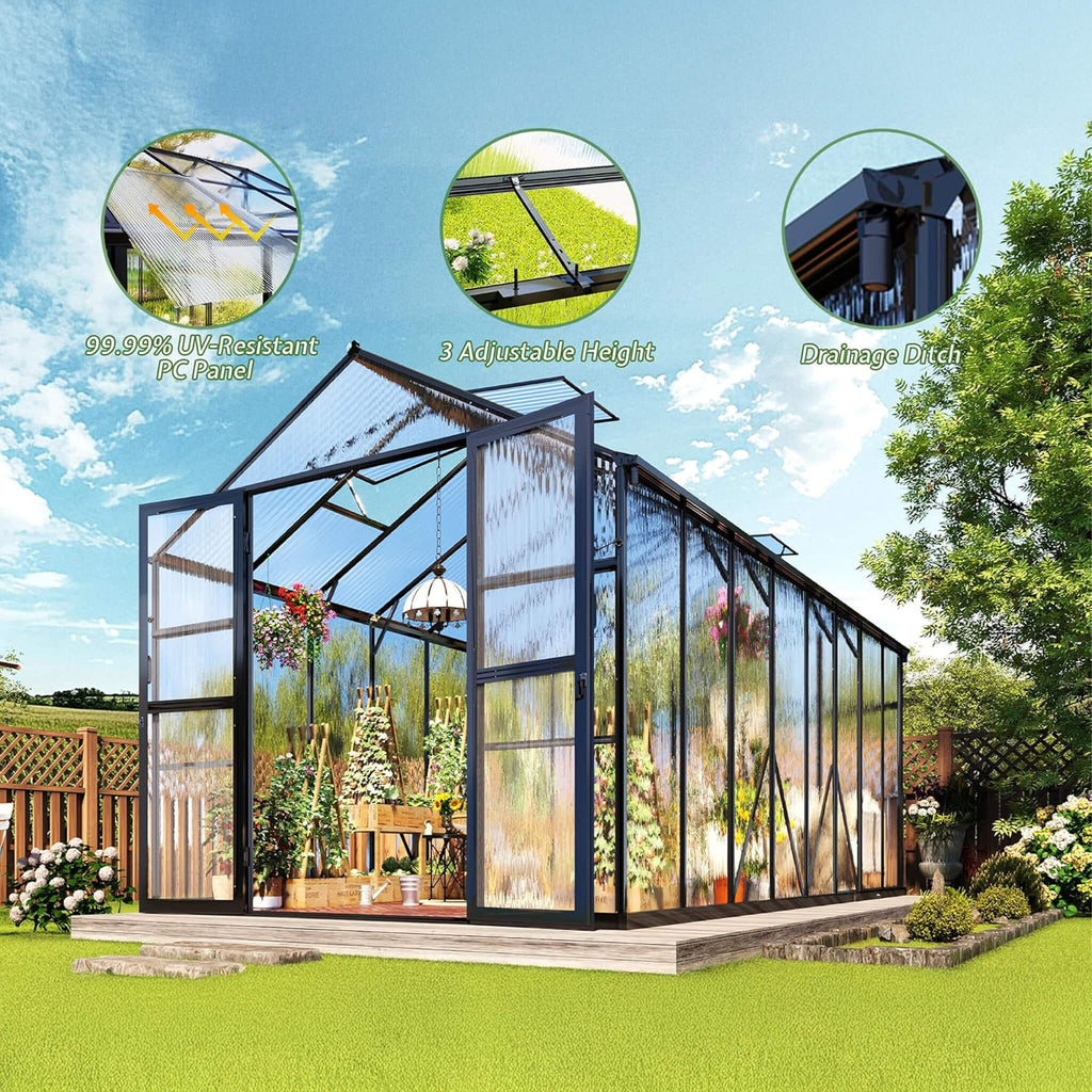[08X16FT] Premium Polycarbonate Outdoor Walk-In Patio Greenhouse With Double Swing Doors, 4MM