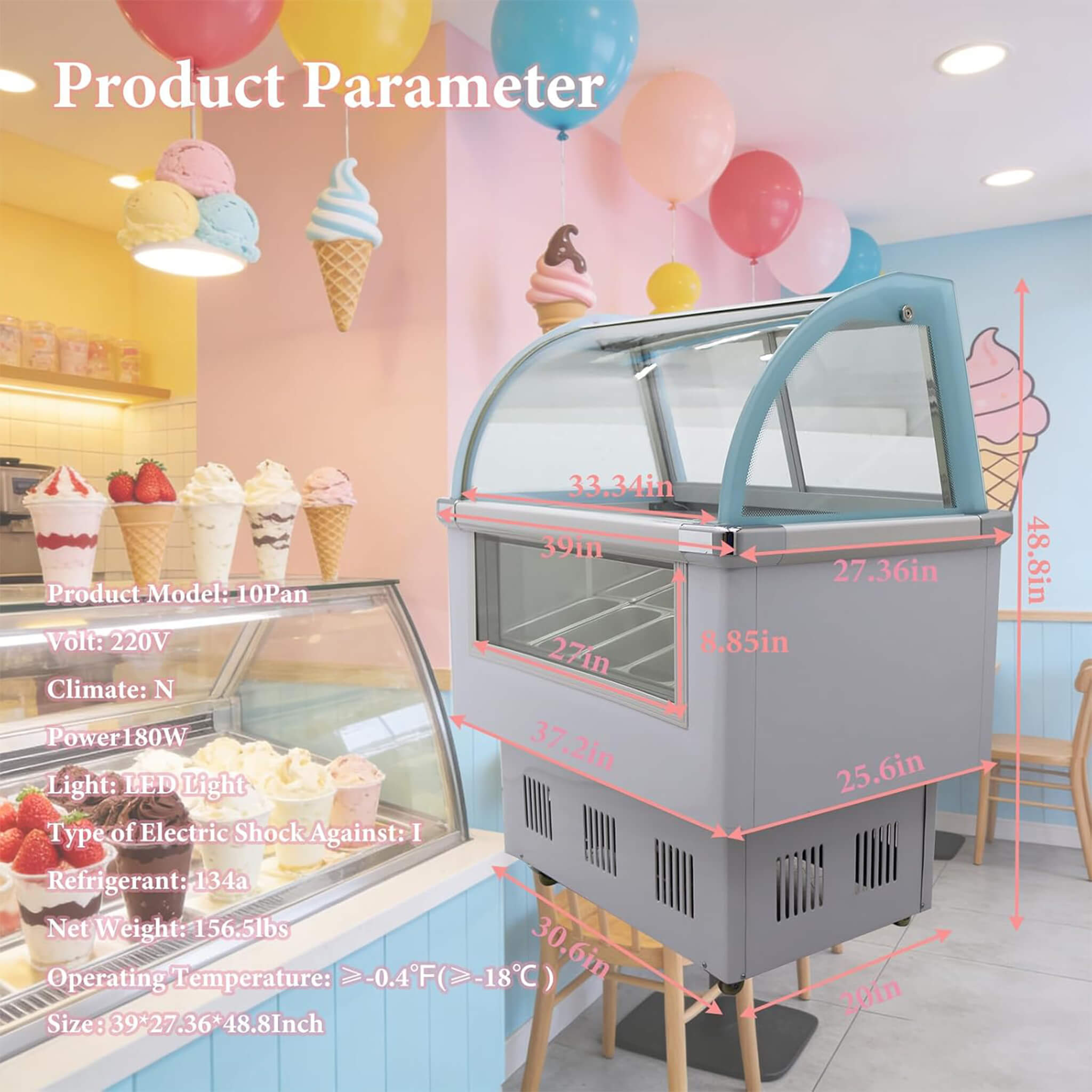 10-Pan 220V Commercial Gelato Display Freezer with LED Lighting