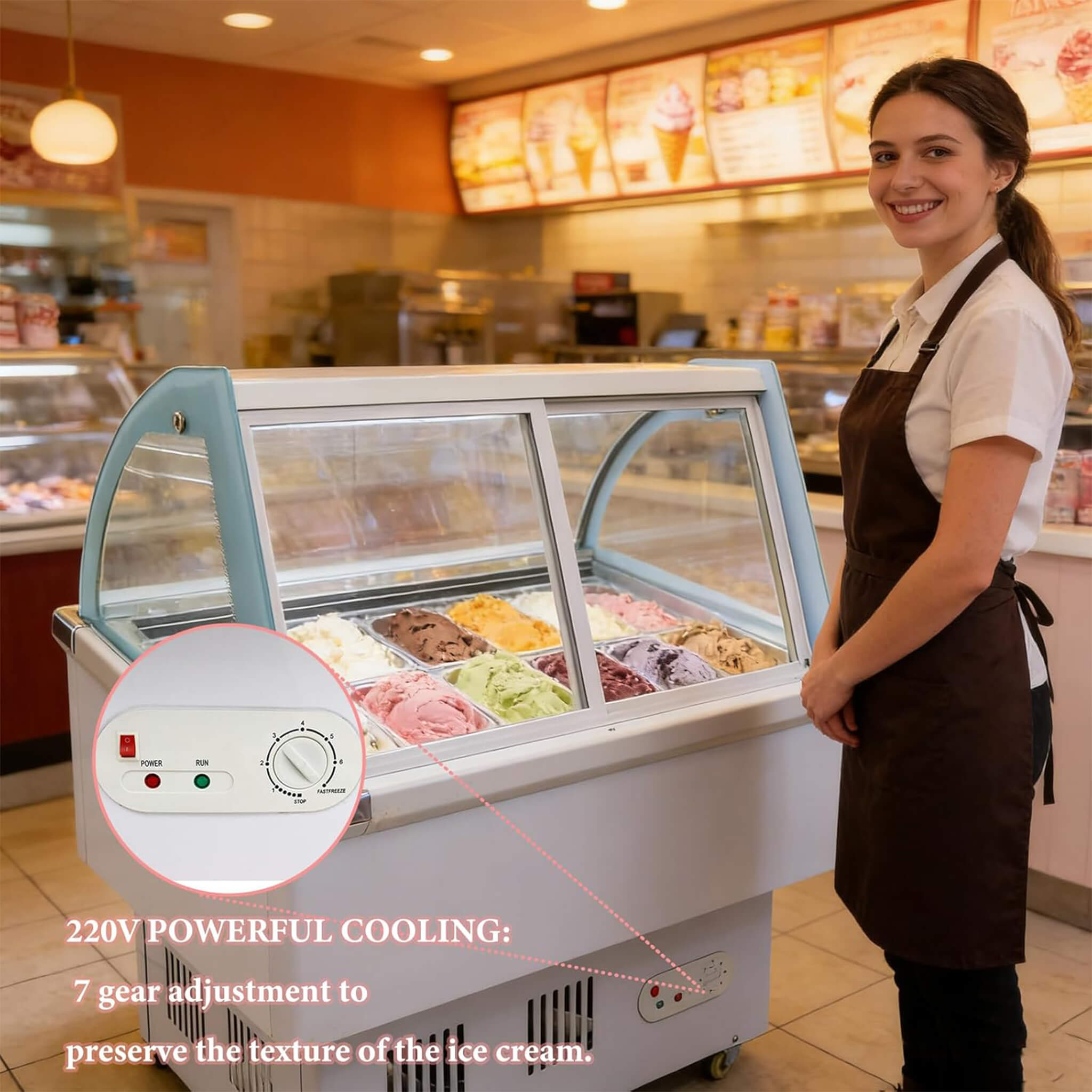 10-Pan 220V Commercial Gelato Display Freezer with LED Lighting