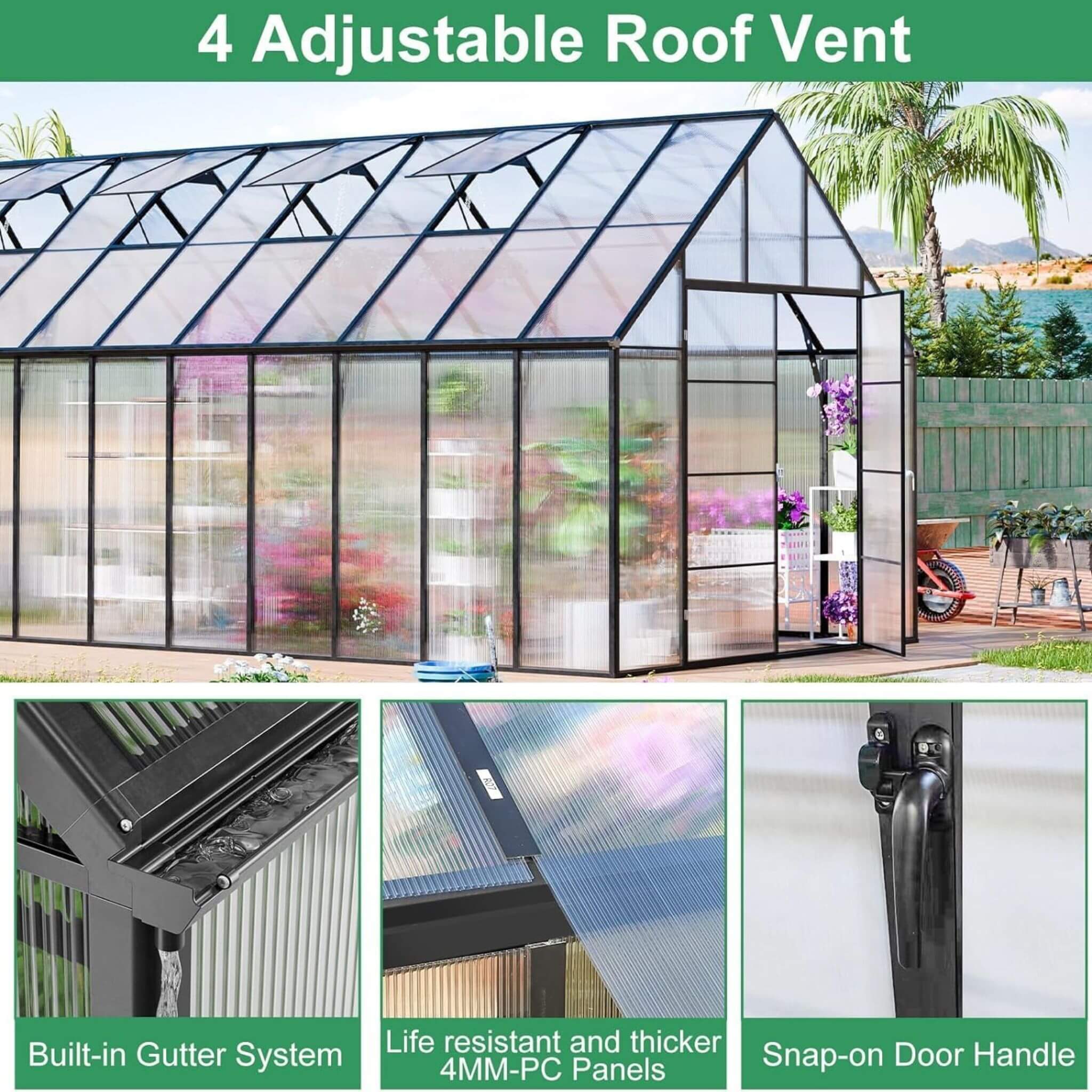 [10X20FT] Extra-Large Heavy-Duty Outdoor Backyard Greenhouse With Adjustable Roof Vents, 4MM