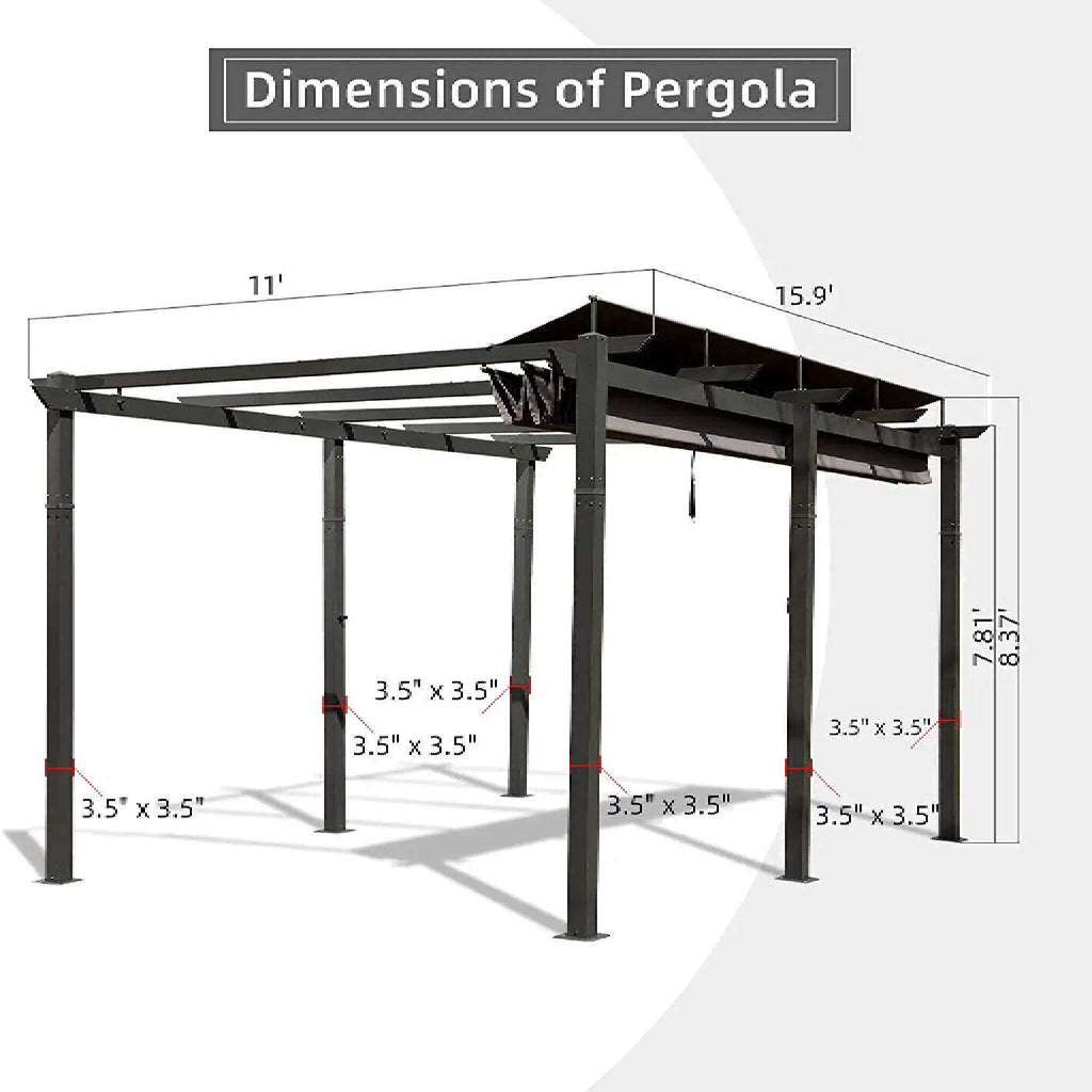 [11X16FT] Outdoor Retractable Backyard Aluminum Metal Pergola Gazebo with Roof