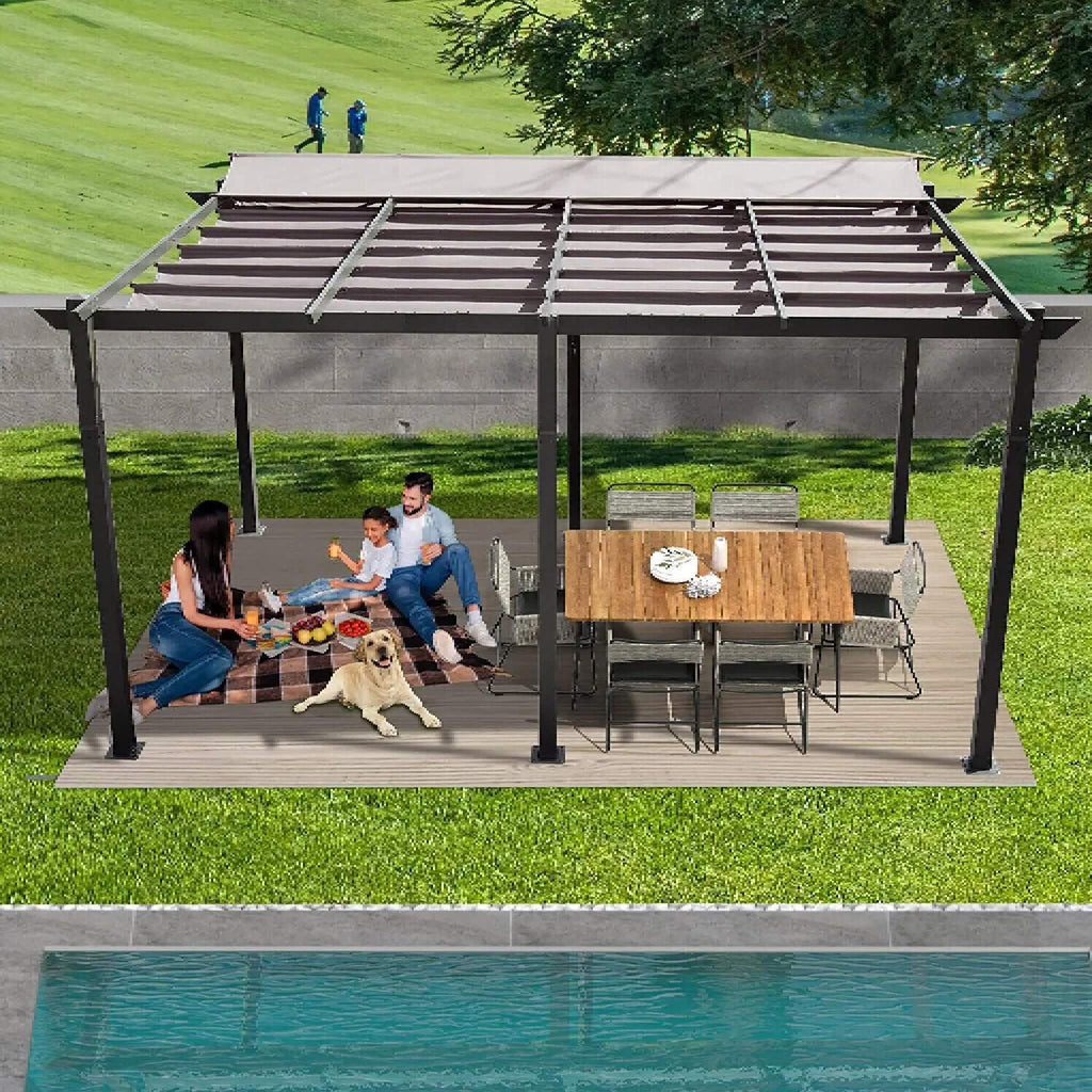 [11X16FT] Outdoor Retractable Backyard Aluminum Metal Pergola Gazebo with Roof