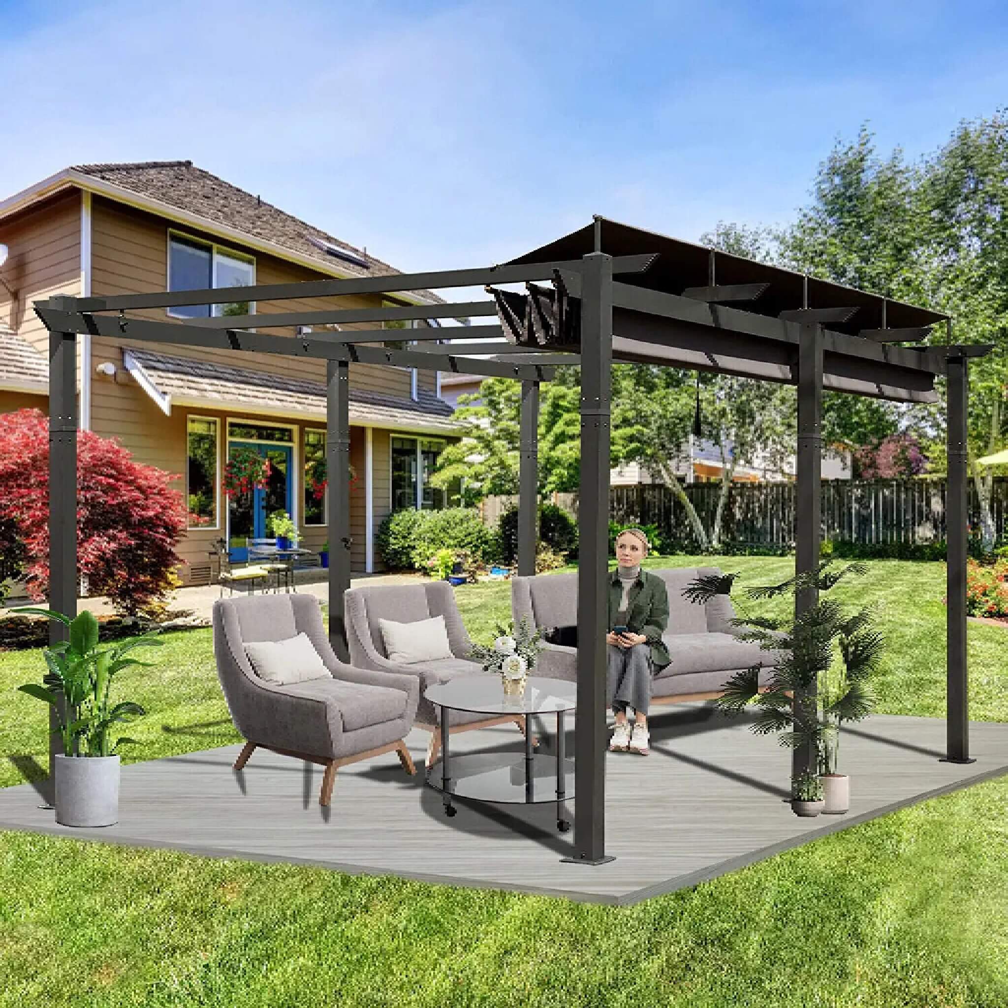 [11X16FT] Outdoor Retractable Backyard Aluminum Metal Pergola Gazebo with Roof