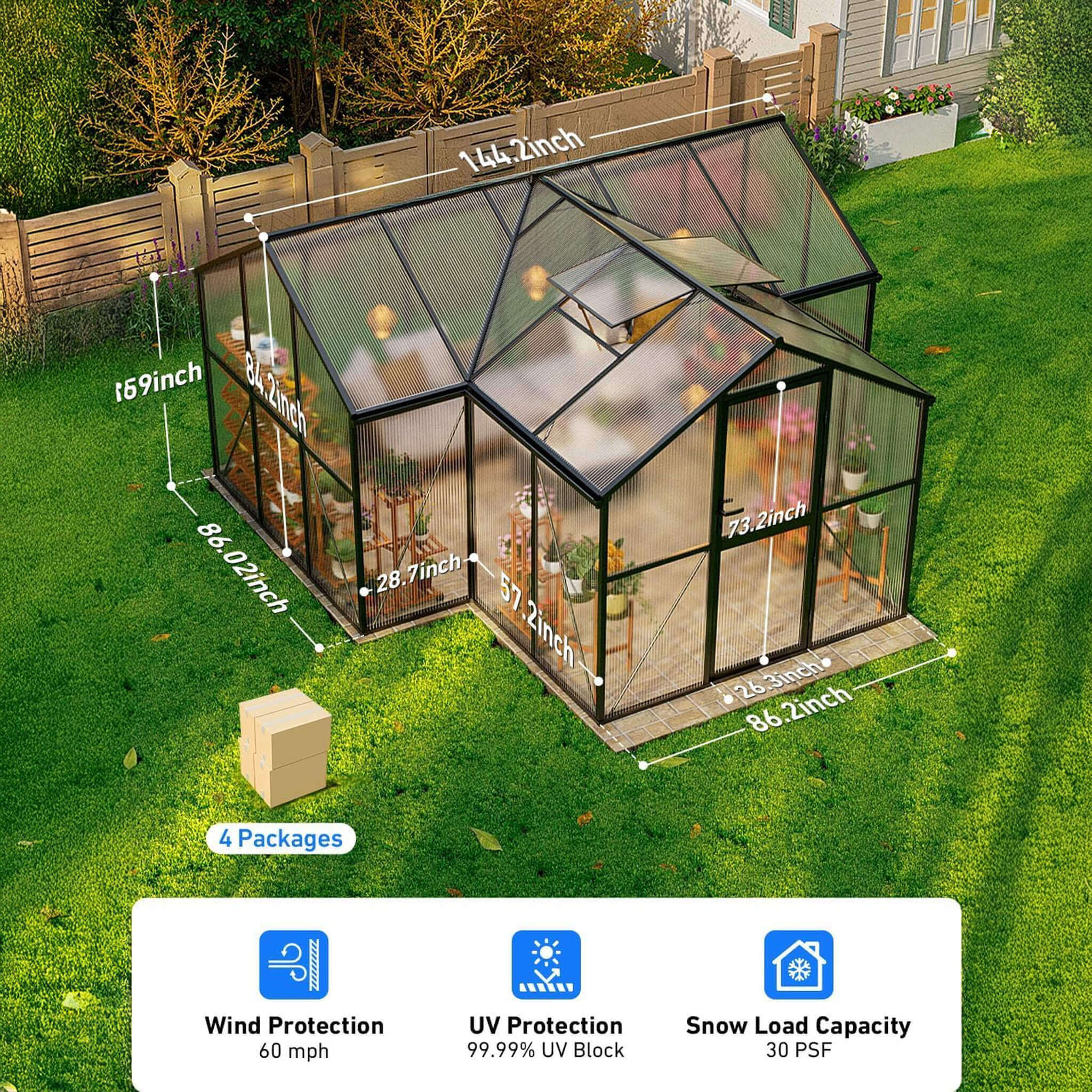 [12X12FT] Premium T-Shape Polycarbonate Greenhouse with UV Protection and Aluminum Frame