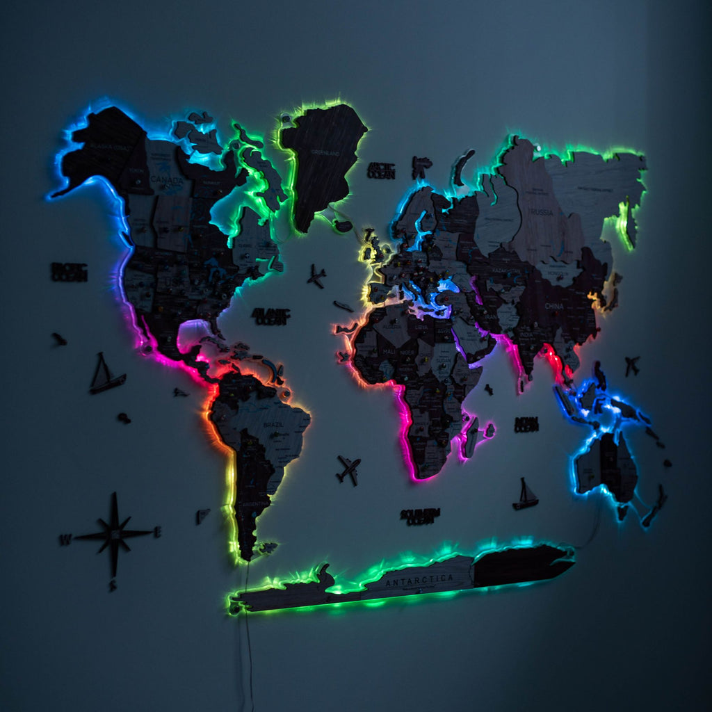 3D Luminous LED Colored World Map