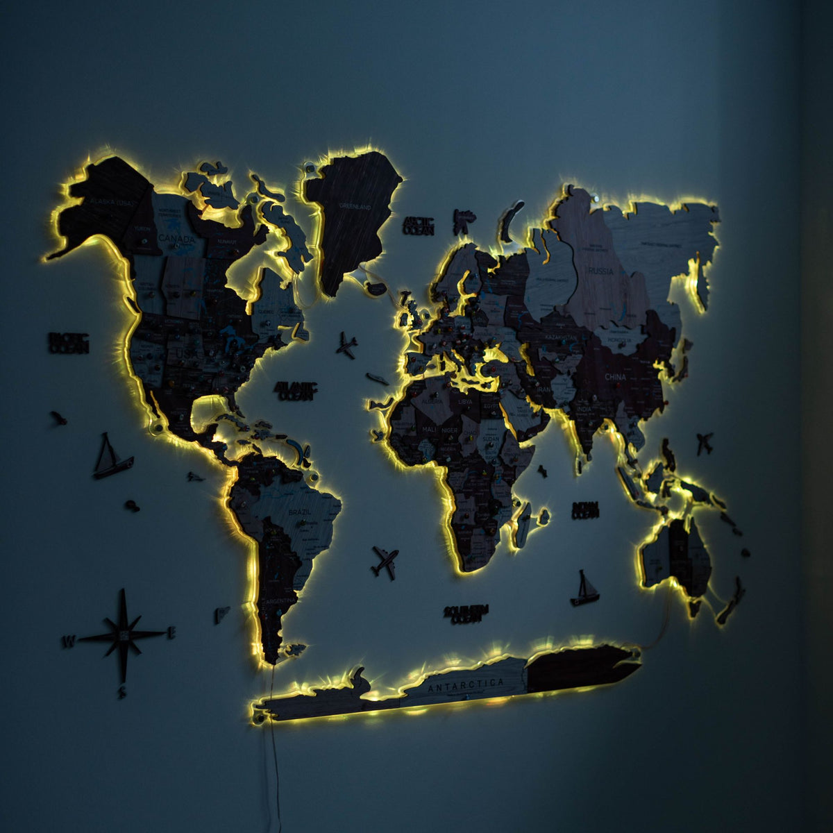 3D Luminous LED Colored World Map