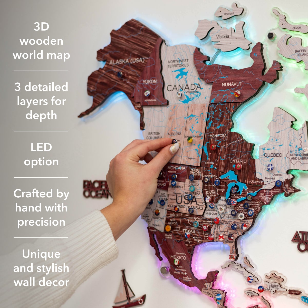 3D Luminous LED Colored World Map