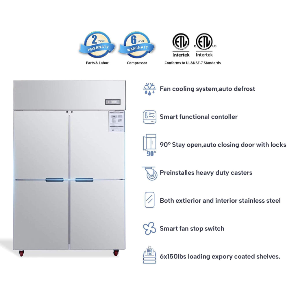 48-Inch Commercial 33 Cu. Ft. Stainless Steel Reach-In Refrigerator with Four Split Doors