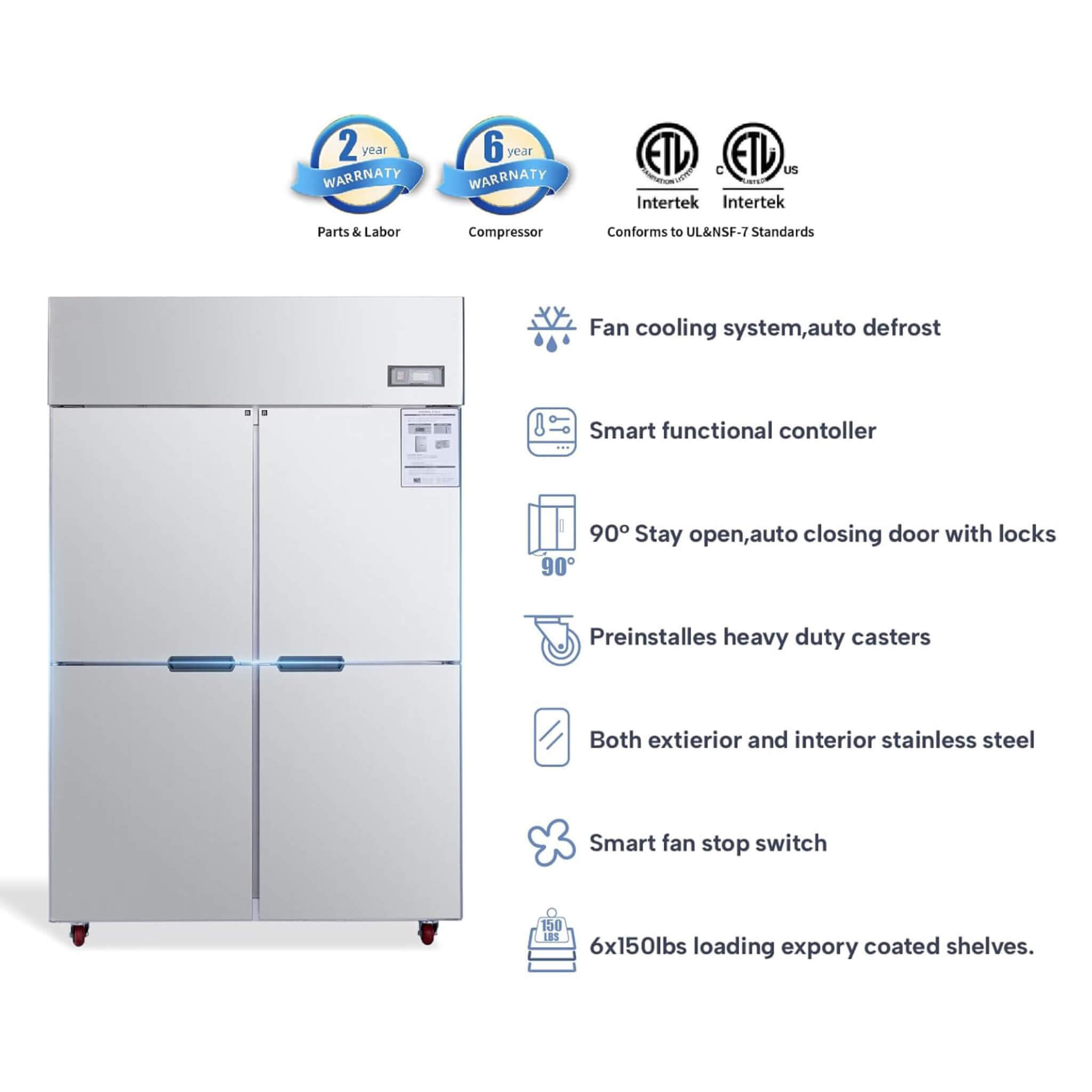 48-Inch Commercial 33 Cu. Ft. Stainless Steel Reach-In Refrigerator with Four Split Doors