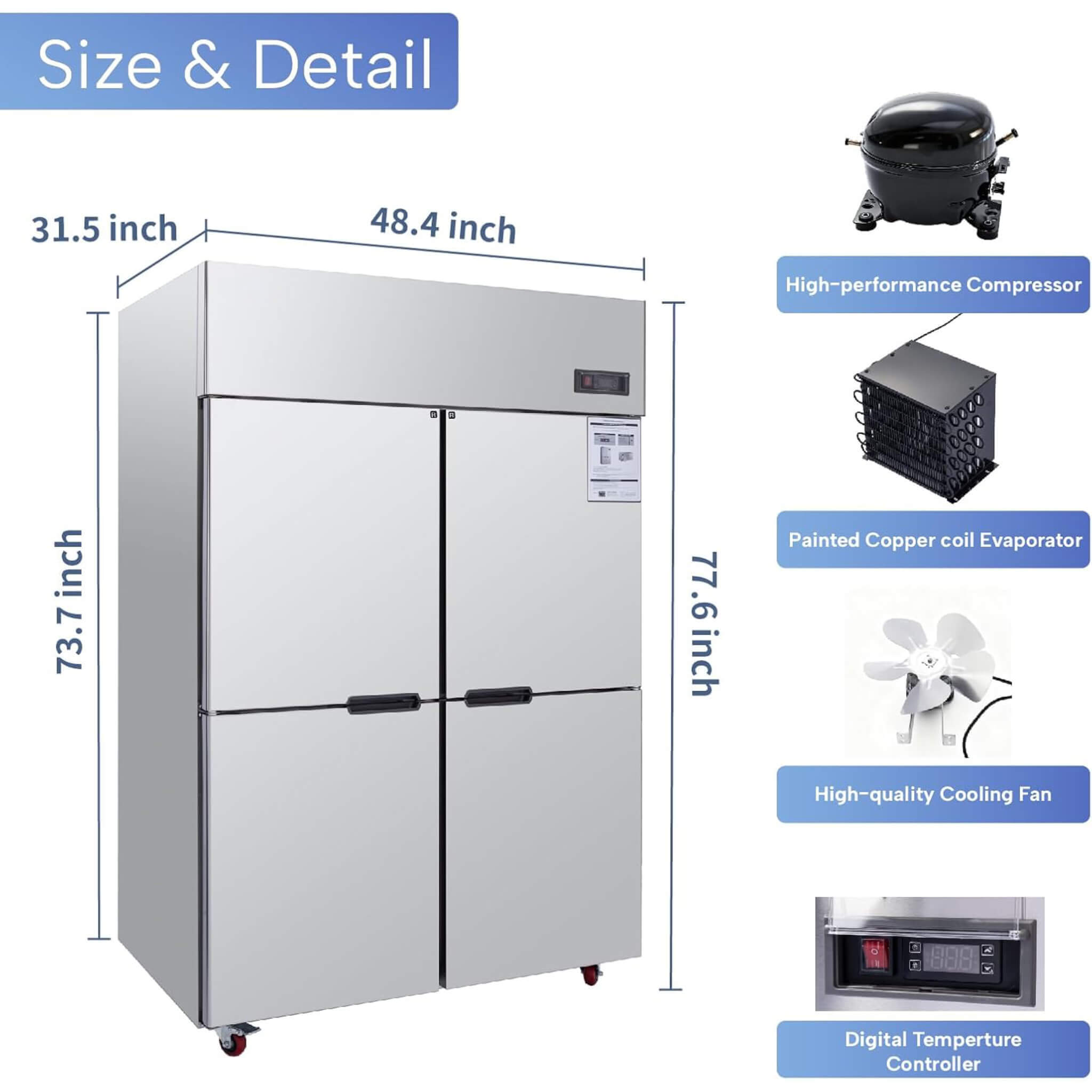 48-Inch Commercial 33 Cu. Ft. Stainless Steel Reach-In Refrigerator with Four Split Doors
