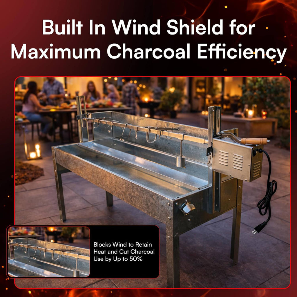 52-Inch Stainless Steel Charcoal Rotisserie Spit Roaster With Wind Shield