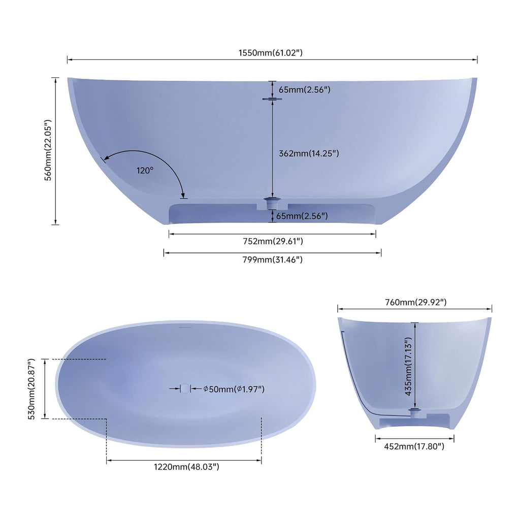 Freestanding Modern Oval Stone Resin Soaking Tub With Overflow Drain 61x29.5 in