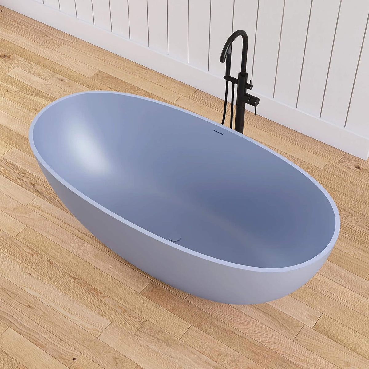 Freestanding Modern Oval Stone Resin Soaking Tub With Overflow Drain 61x29.5 in