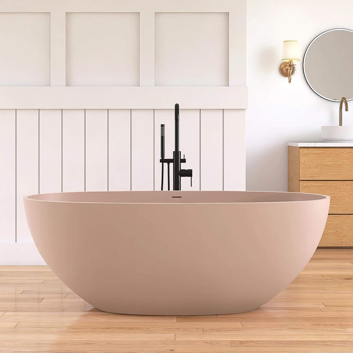 Freestanding Modern Oval Stone Resin Soaking Tub With Overflow Drain 61x29.5 in