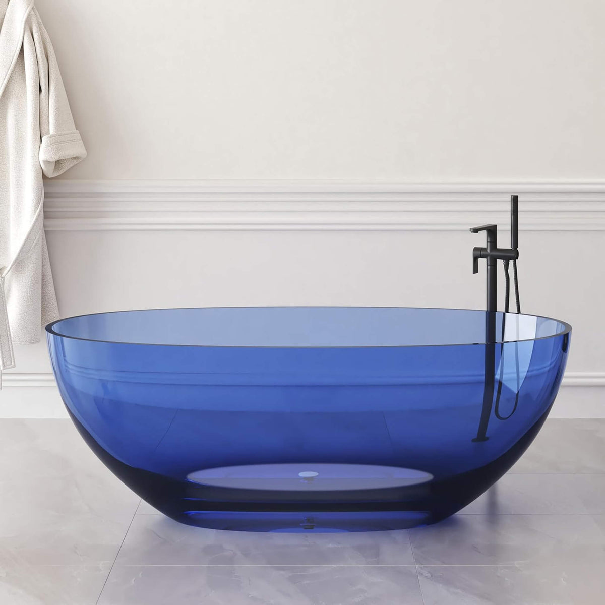Freestanding Modern Oval Stone Resin Soaking Tub With Overflow Drain 61x29.5 in