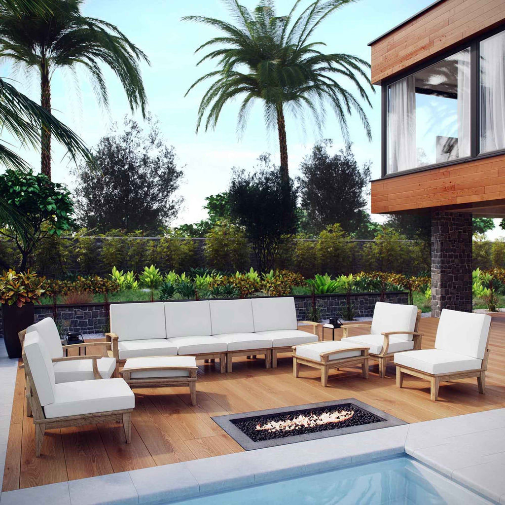 Marina Outdoor 10-Piece Teak Patio Set with White Cushions
