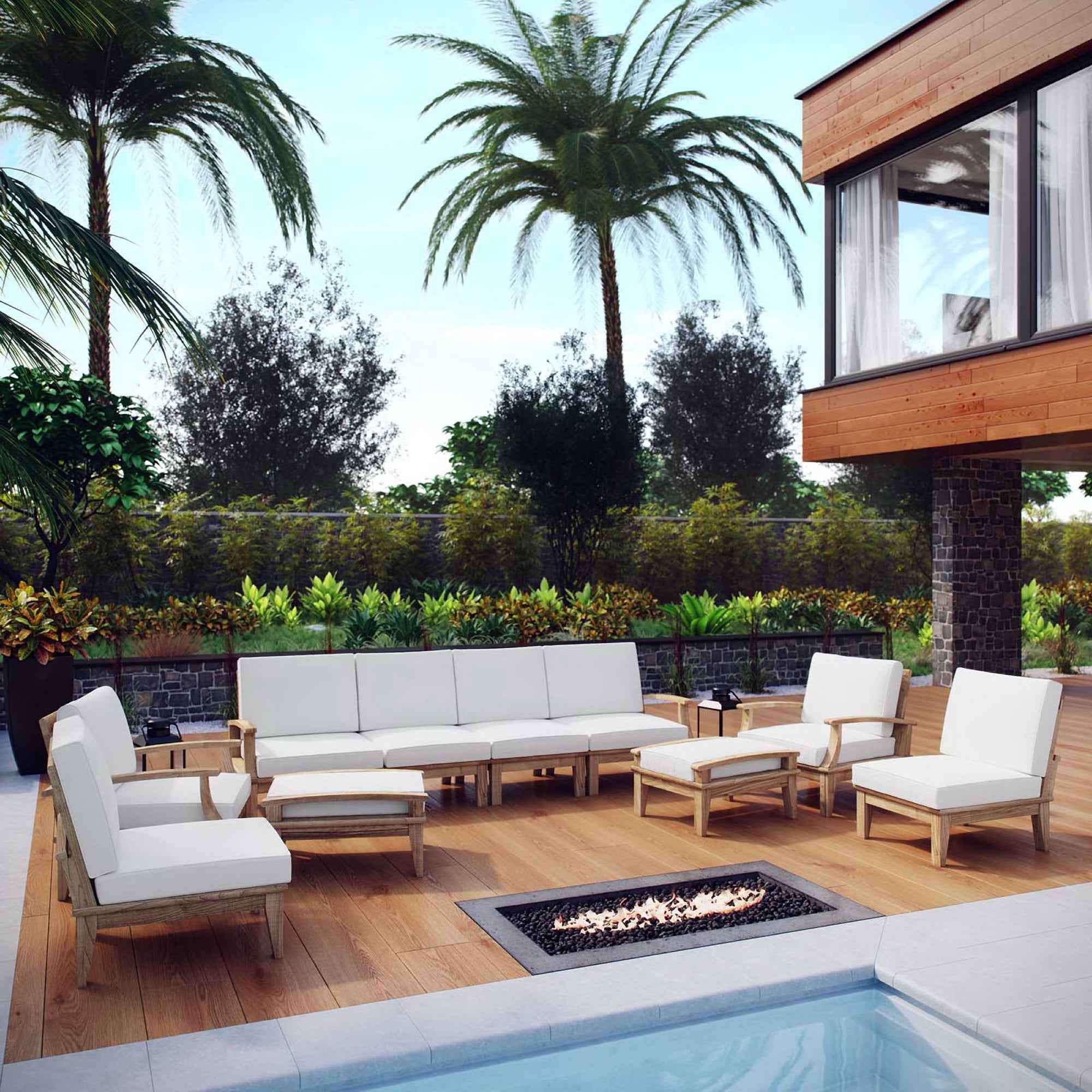 Marina Outdoor 10-Piece Teak Patio Set with White Cushions