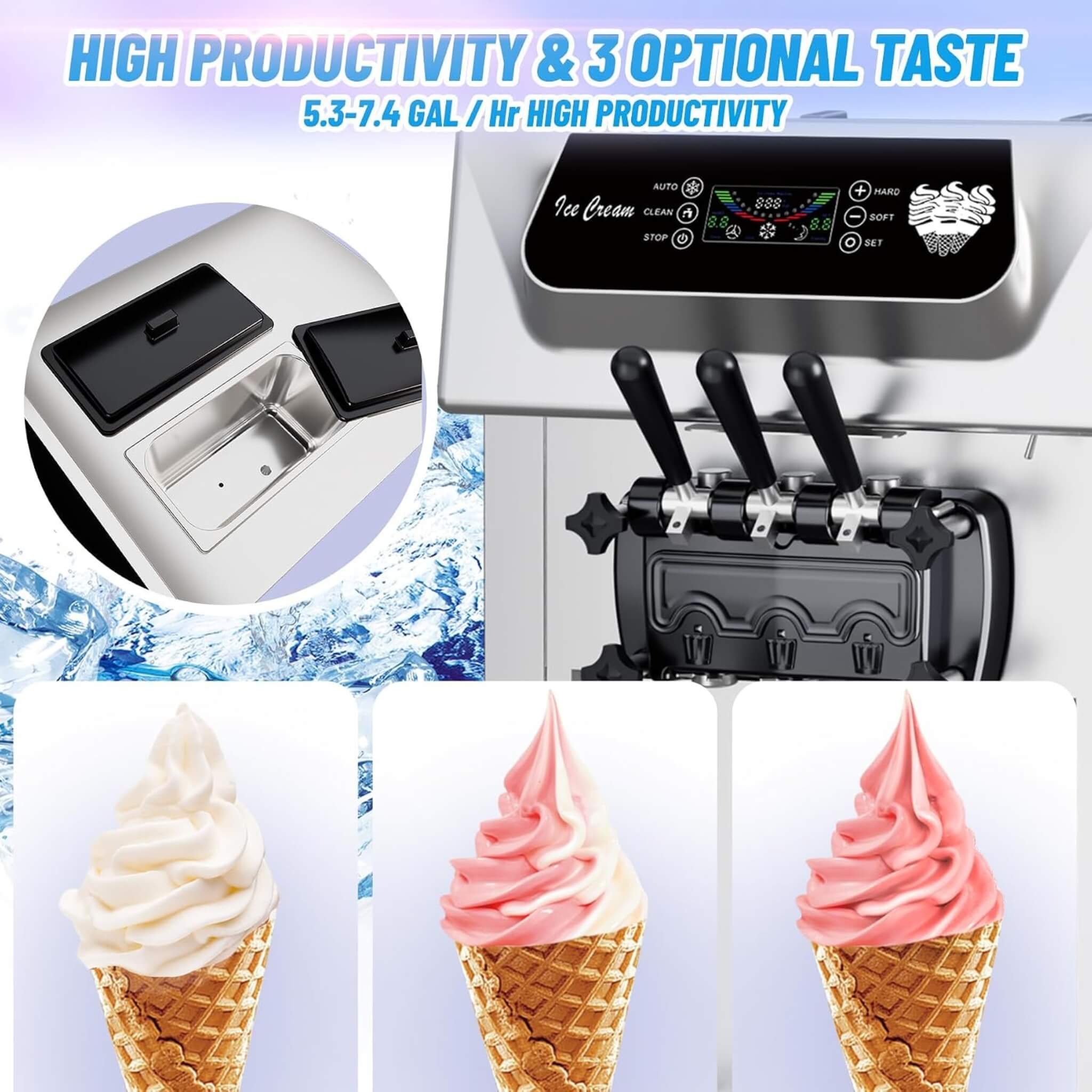Commercial 2200W 3-Flavor Freestanding Soft Serve Ice Cream Machine With Auto Clean