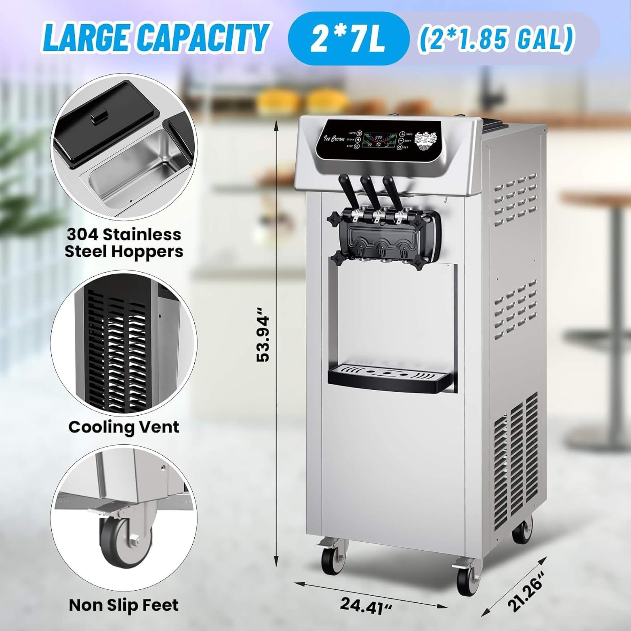 Commercial 2200W 3-Flavor Freestanding Soft Serve Ice Cream Machine With Auto Clean