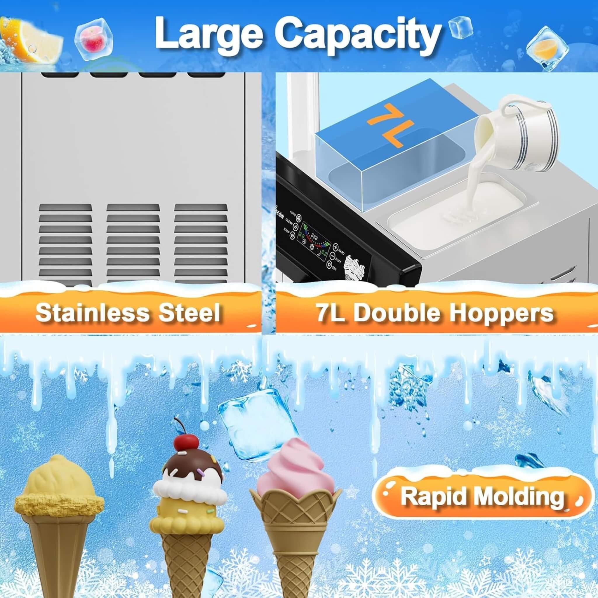Commercial 2200W 3-Flavor Freestanding Soft Serve Ice Cream Machine With Auto Clean