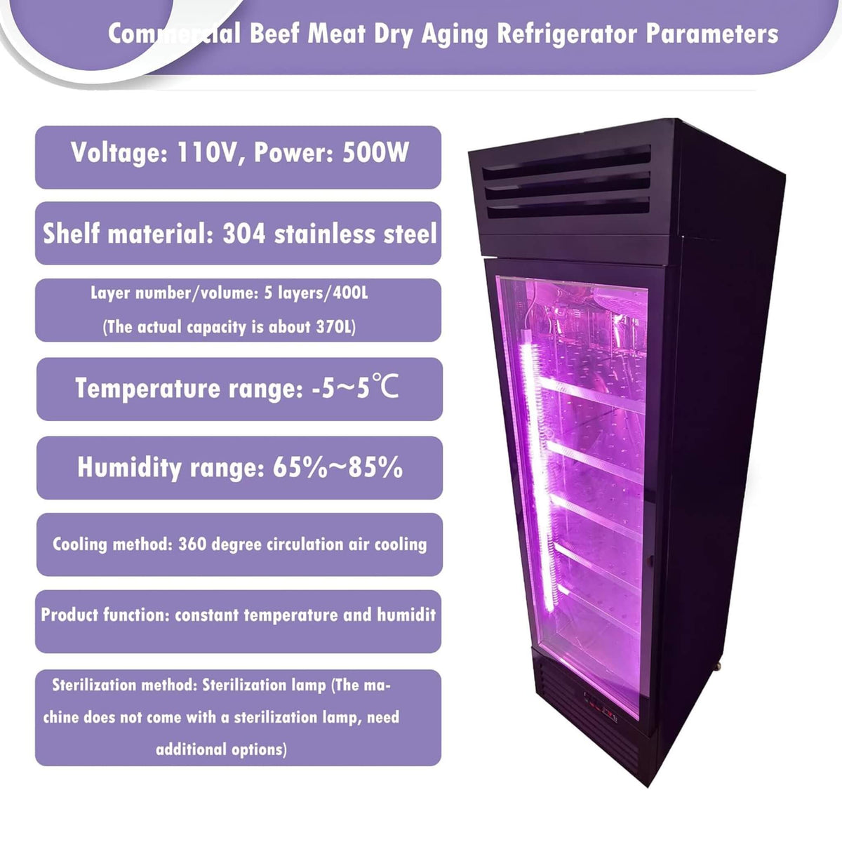 Commercial 400L Stainless Steel 110V Meat Dry Aging Refrigerator