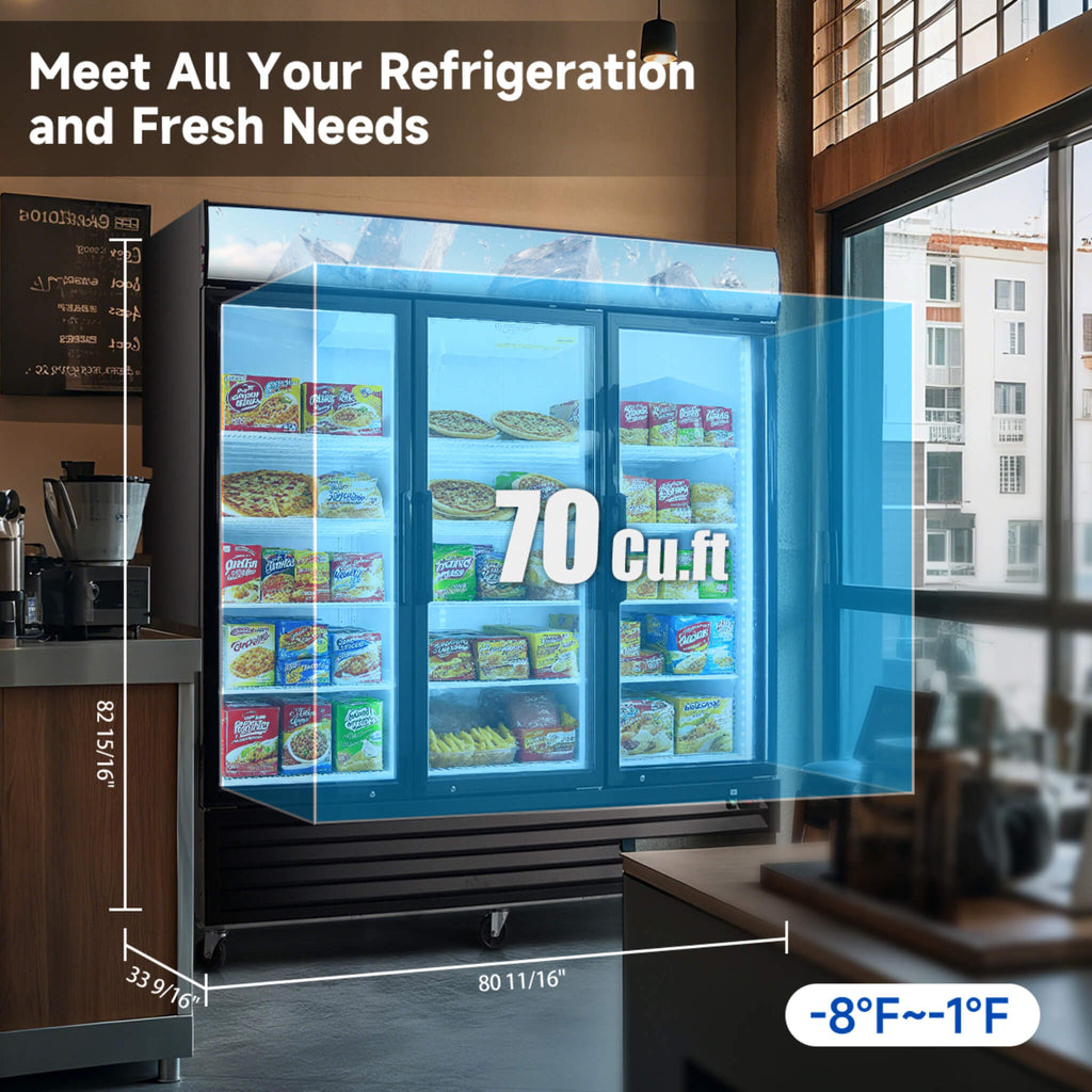Commercial 70 Cu. Ft. Reach-In Glass Door Merchandiser Freezer with LED Top Panel and Swing Door