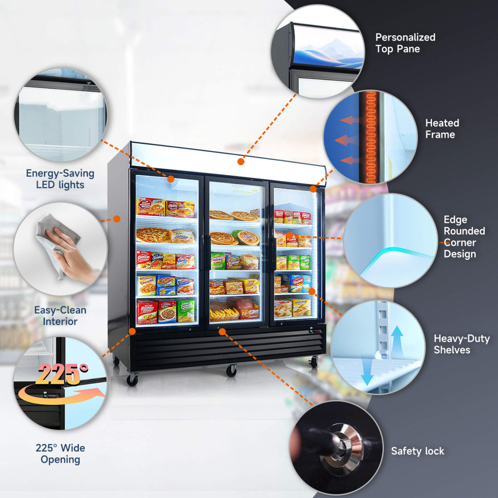 Commercial 70 Cu. Ft. Reach-In Glass Door Merchandiser Freezer with LED Top Panel and Swing Door