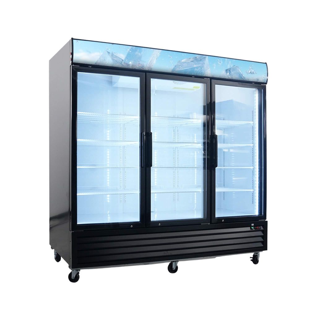 Commercial 70 Cu. Ft. Reach-In Glass Door Merchandiser Freezer with LED Top Panel and Swing Door