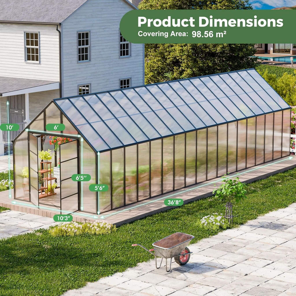[10X36FT] Extra-Large Heavy-Duty Outdoor Walk-In Greenhouse with Adjustable Roof Vents, 4MM