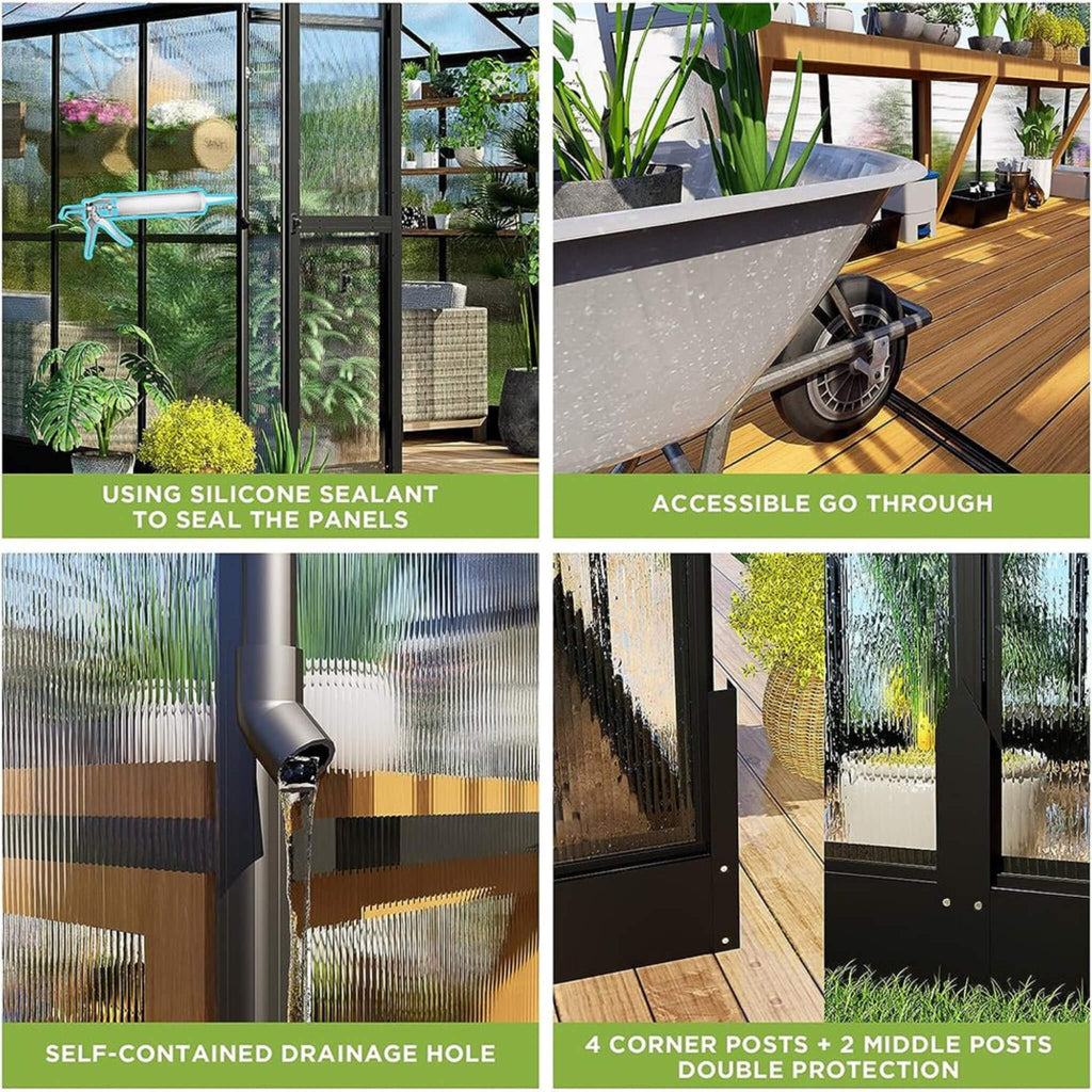 [08X16FT] Heavy-Duty Outdoor Walk-In Polycarbonate Patio Greenhouse with Double Swing Doors, 6MM