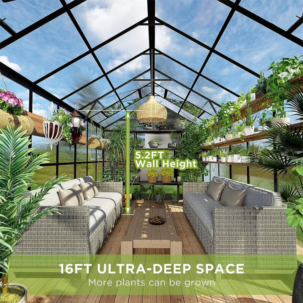 [08X16FT] Heavy-Duty Outdoor Walk-In Polycarbonate Patio Greenhouse with Double Swing Doors, 6MM