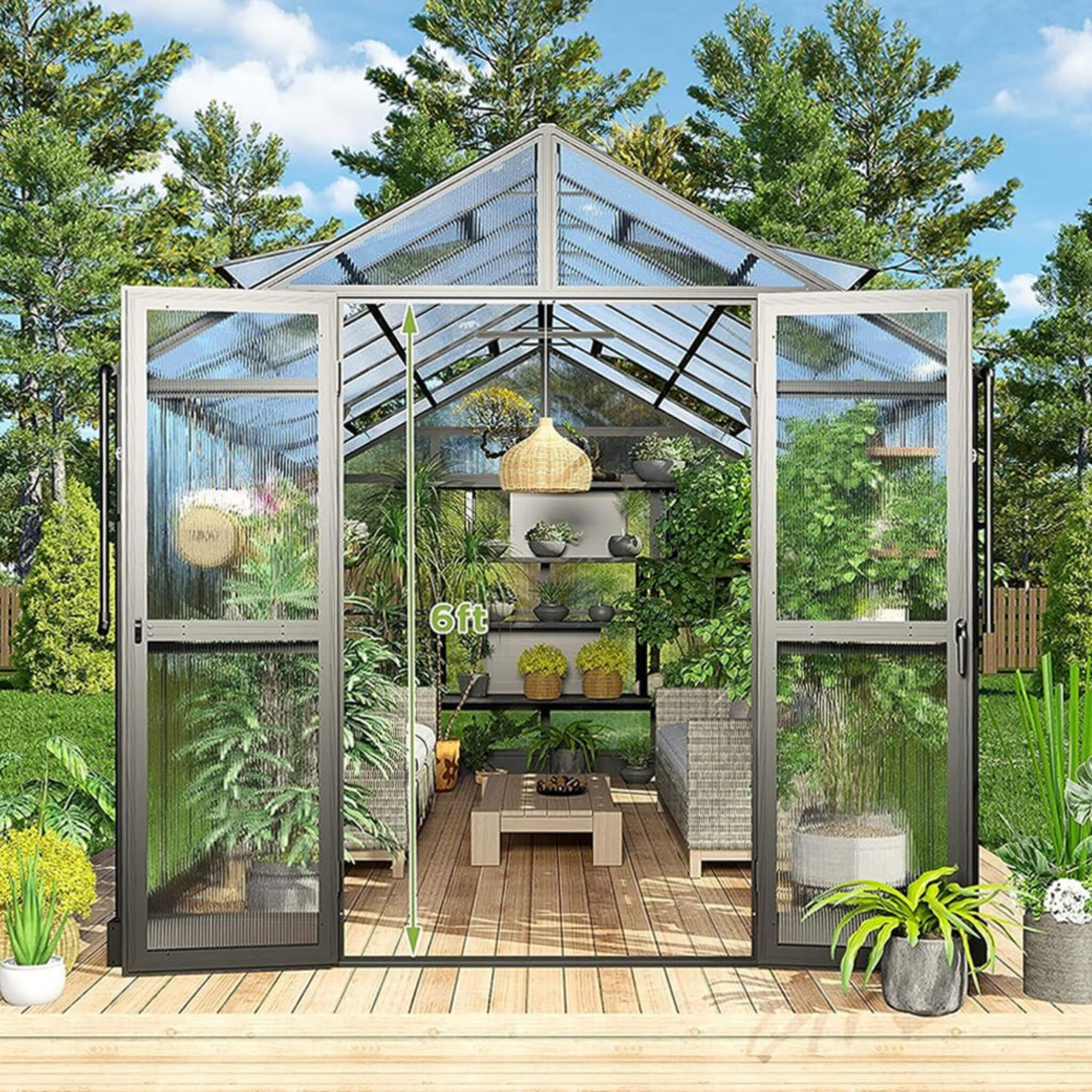 [08X16FT] Heavy-Duty Outdoor Walk-In Polycarbonate Patio Greenhouse with Double Swing Doors, 6MM