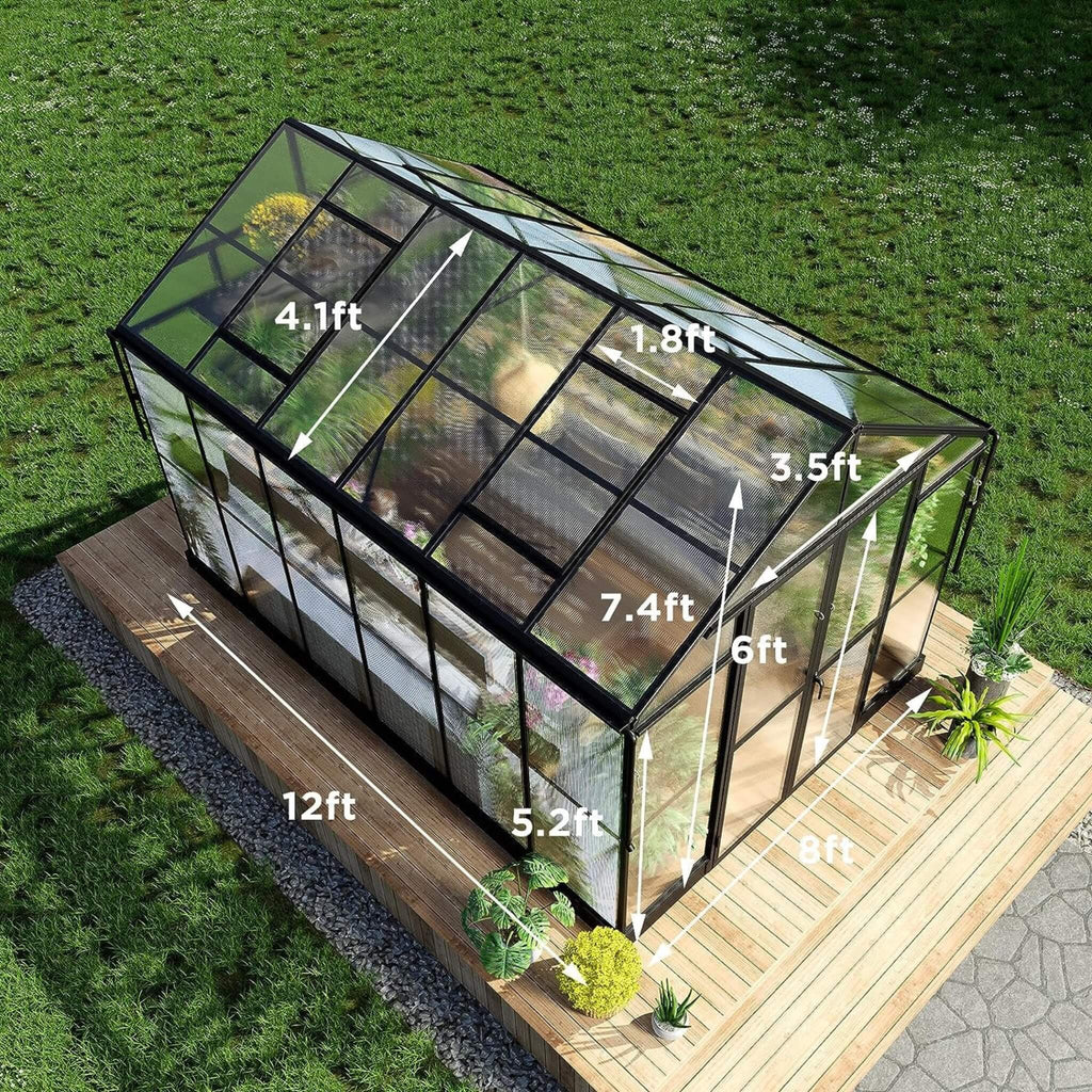[08X12FT] Large Premium Outdoor Aluminum Polycarbonate Greenhouse with Double Swing Doors
