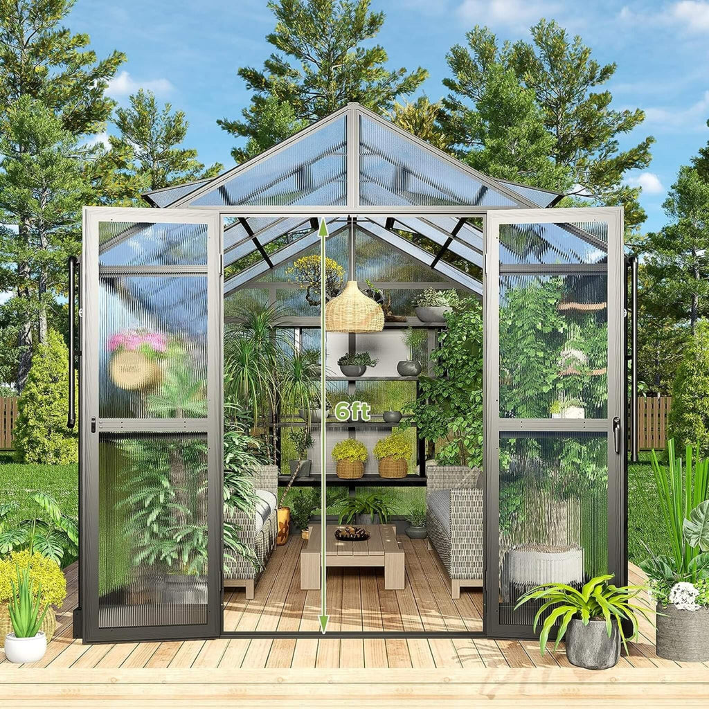 [08X12FT] Large Premium Outdoor Aluminum Polycarbonate Greenhouse with Double Swing Doors