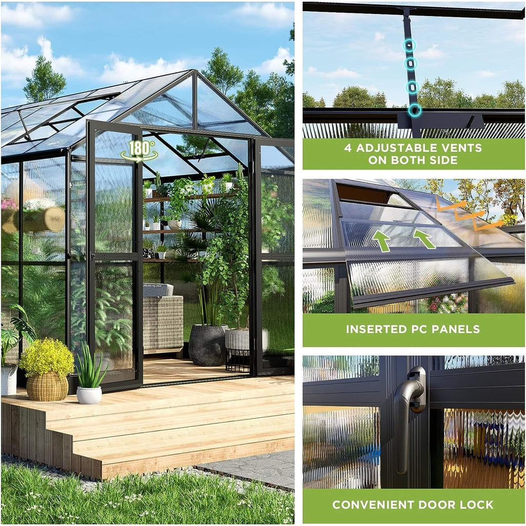 [08X12FT] Large Premium Outdoor Aluminum Polycarbonate Greenhouse with Double Swing Doors