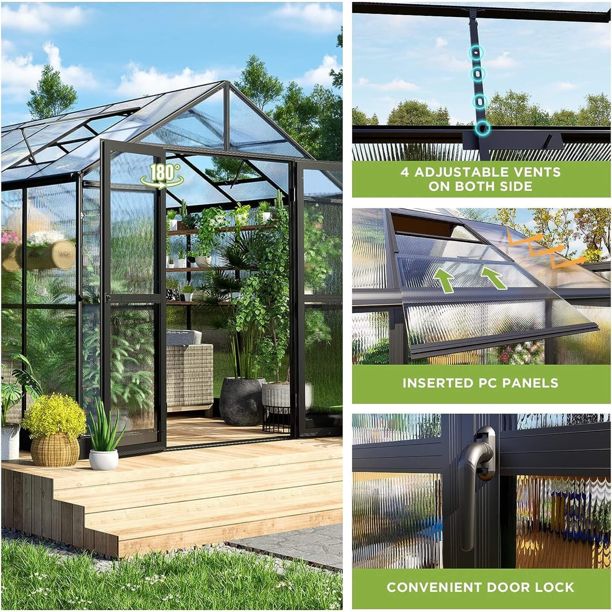 [08X12FT] Large Premium Outdoor Aluminum Polycarbonate Greenhouse with Double Swing Doors