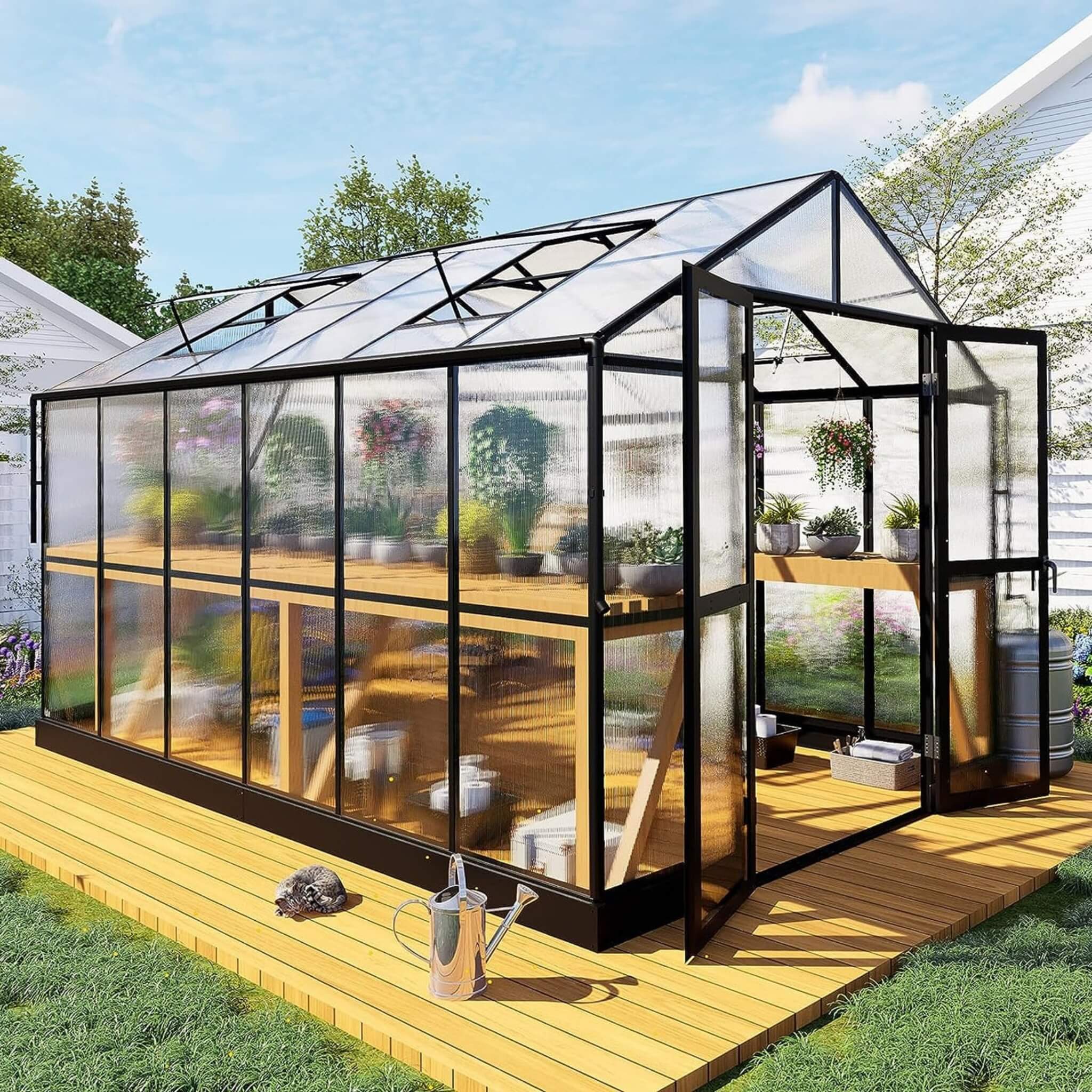 [08X12FT] Large Premium Outdoor Aluminum Polycarbonate Greenhouse with Double Swing Doors