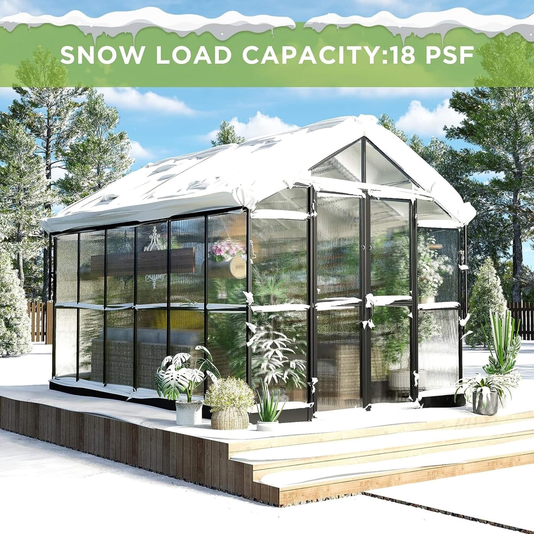[08X12FT] Large Premium Outdoor Aluminum Polycarbonate Greenhouse with Double Swing Doors