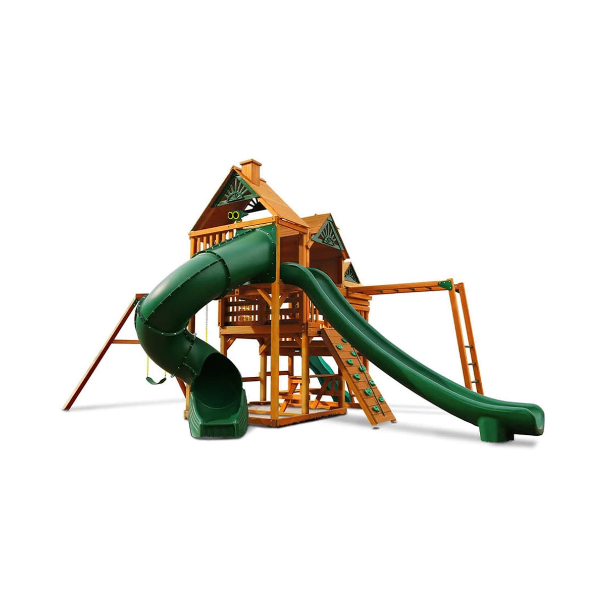 Premium Cedar Wood Swing Set With 3 Play Decks 3 Slides And Monkey Bars