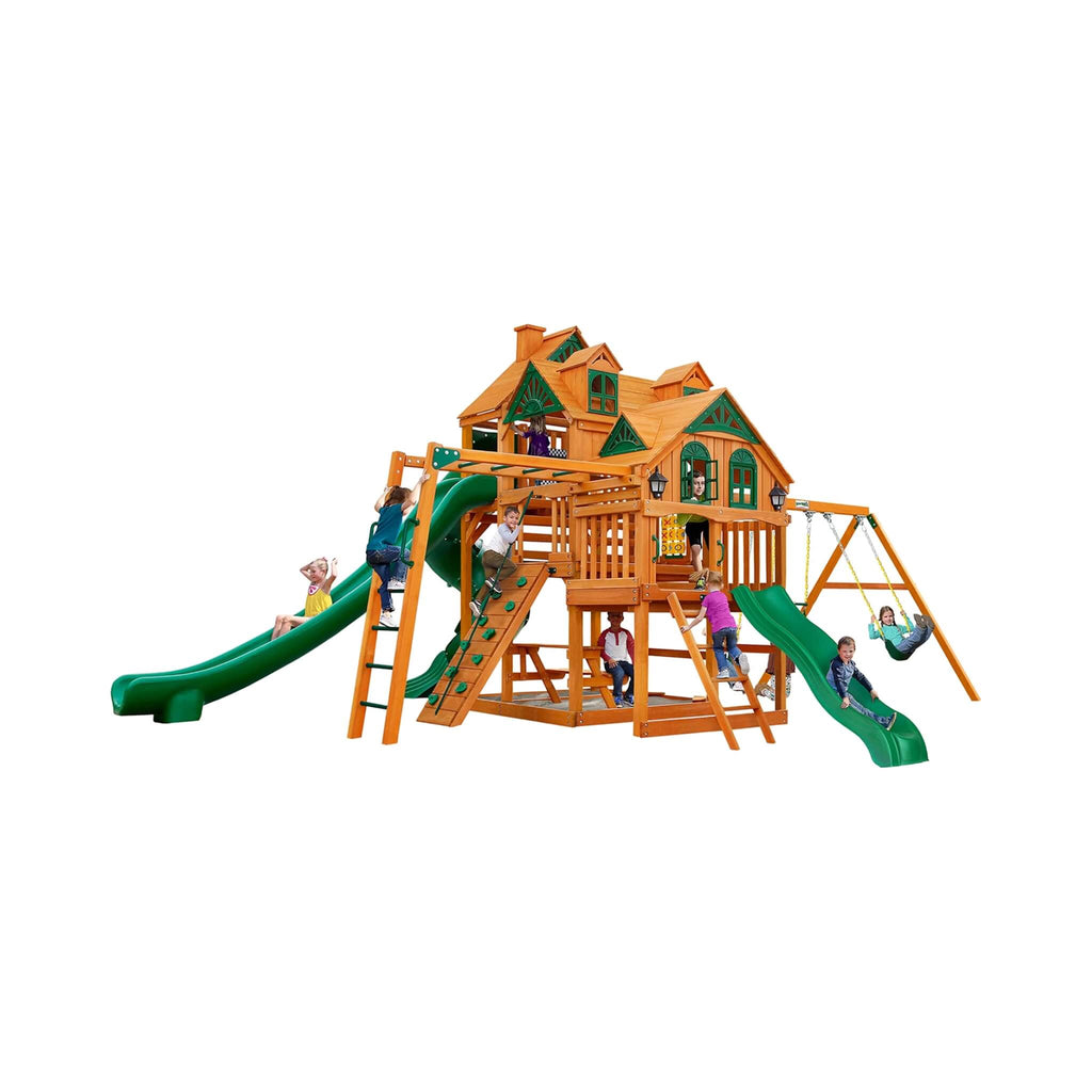 Premium Cedar Wood Swing Set With 3 Play Decks 3 Slides And Monkey Bars