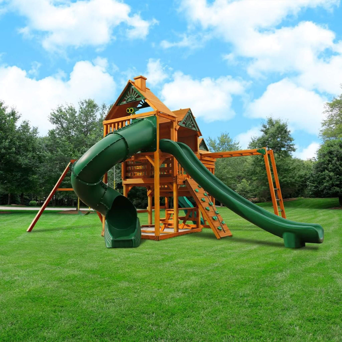 Premium Cedar Wood Swing Set With 3 Play Decks 3 Slides And Monkey Bars