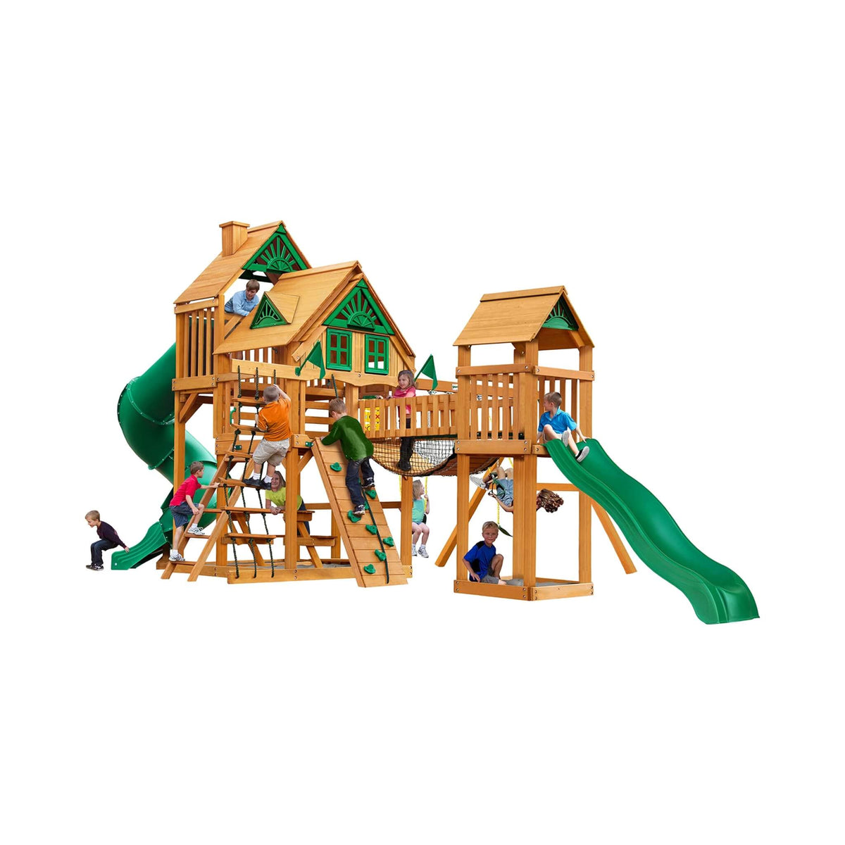 Premium Cedar Wood Treehouse Swing Set With Tube Slide And Sandbox