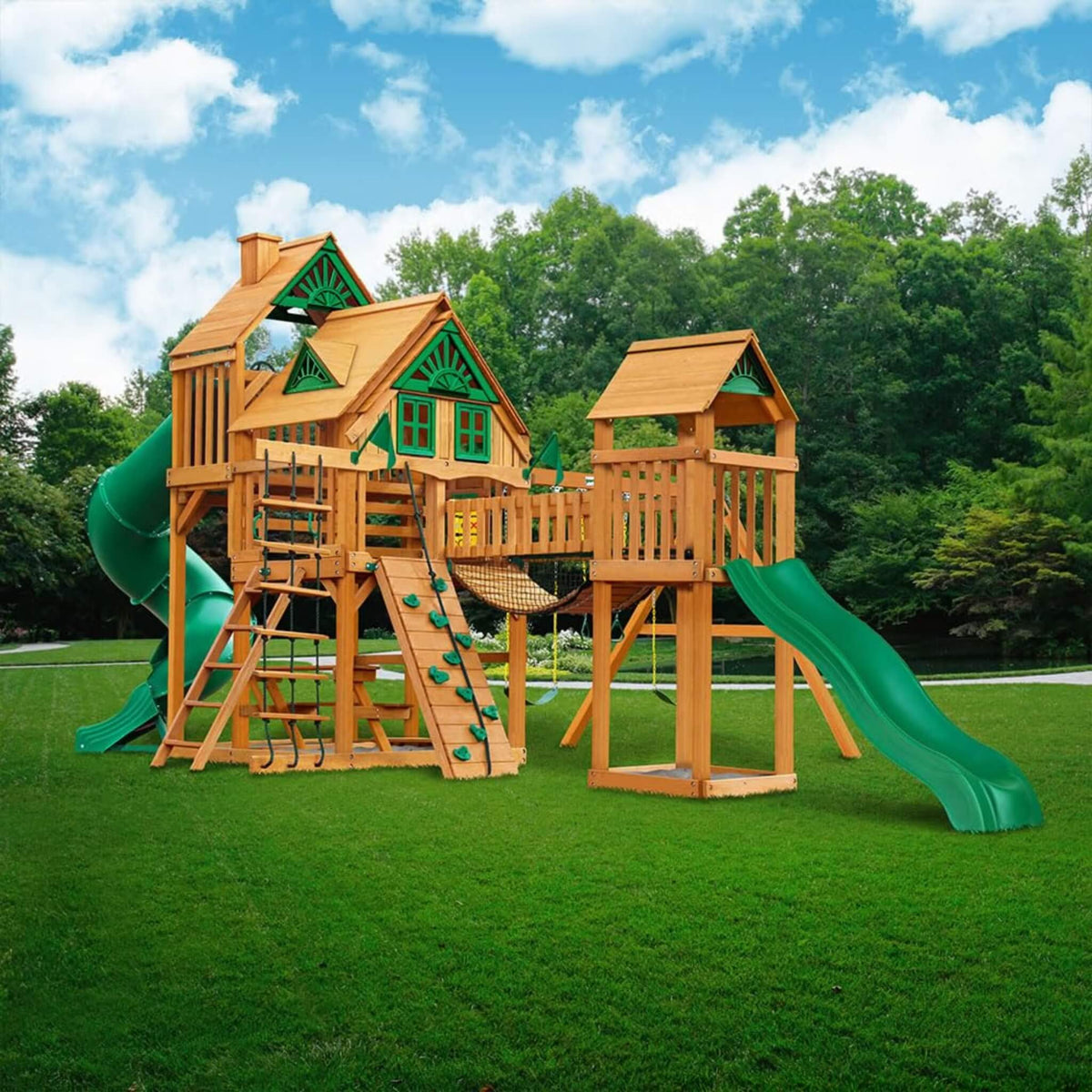 Premium Cedar Wood Treehouse Swing Set With Tube Slide And Sandbox