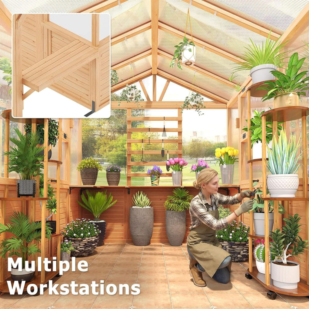 Premium Walk-In Spruce Wood Greenhouse with Pergola and Shelves
