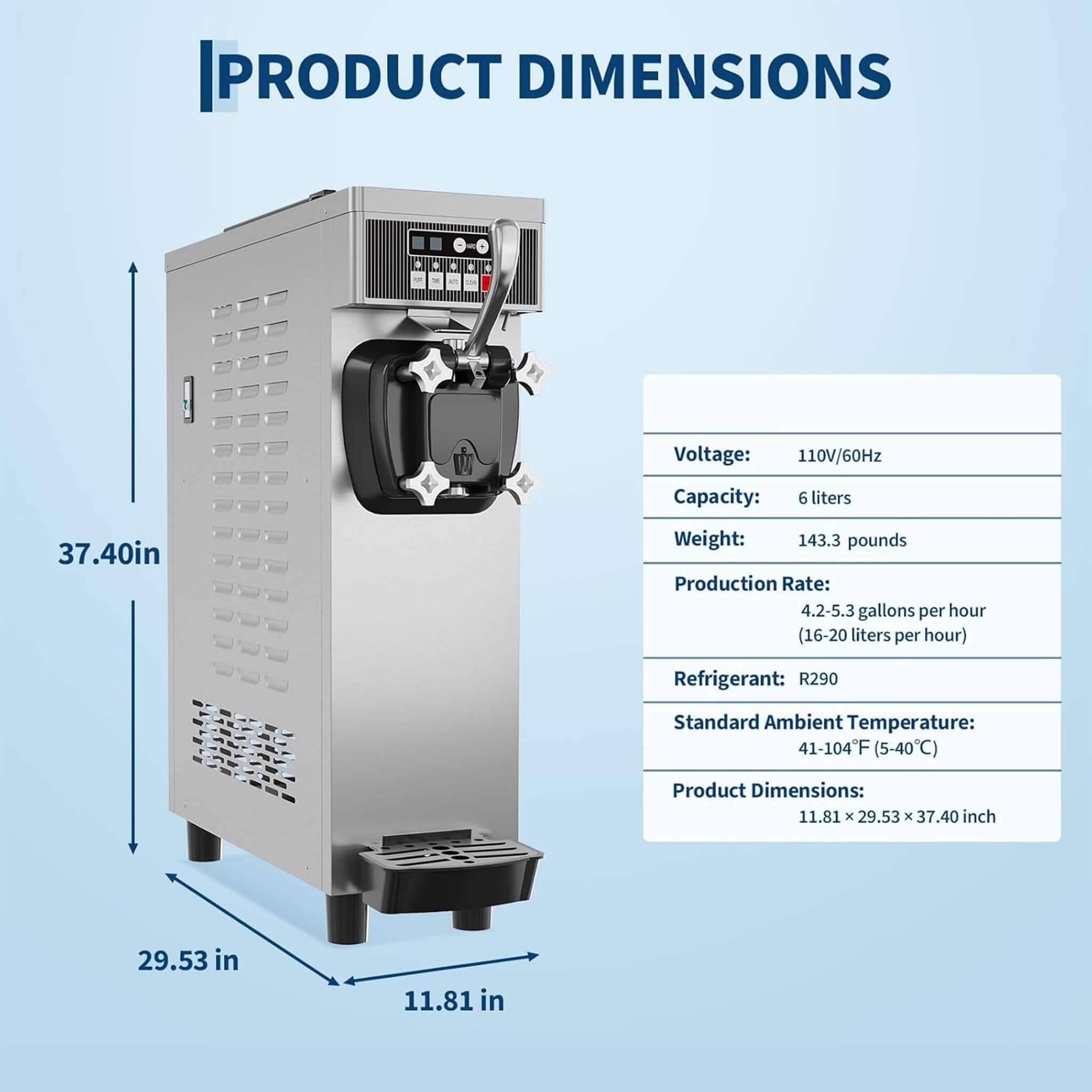 Single-Flavor 6L Commercial 1500W Countertop Soft Serve Ice Cream Machine
