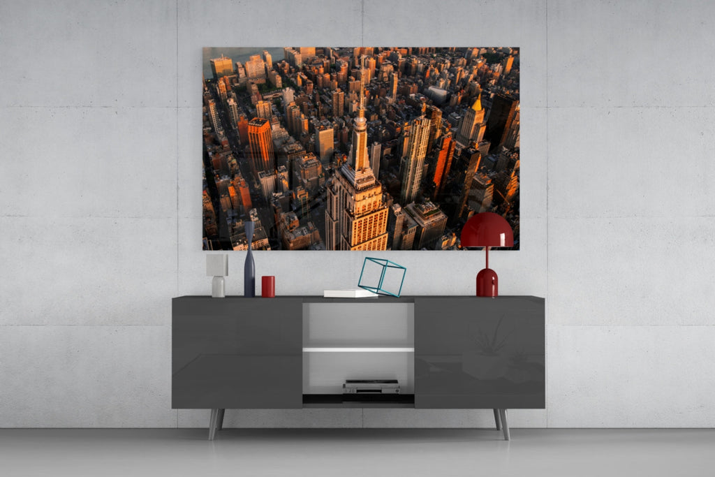 Golden Hour Aerial Tower View New York Glass Wall Art